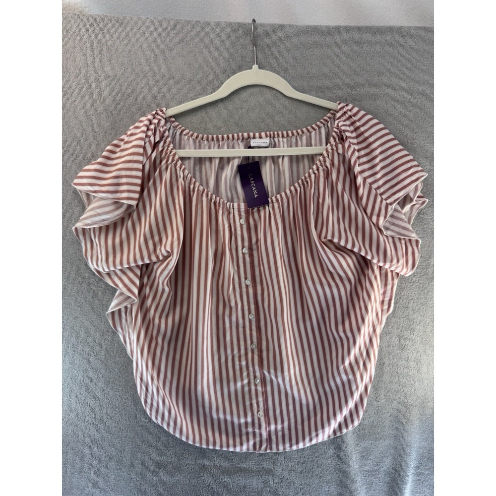 LASCANA Blouse Womens 8/10 Pink White Striped Flutter Sleeve Viscose Top